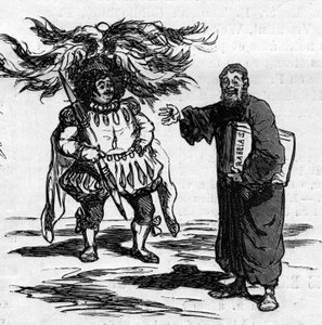 Joy of Rabelais seeing Gustave Dore fully identifies with the men of his writing. Cartoon of Cham. Engraving in Le Monde Illustré n°821 of January 4