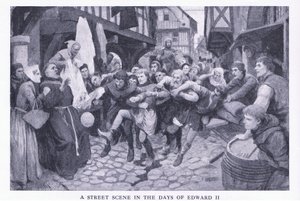A street scene in the days of Edward II by Amedee Forestier