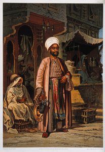 A satisfied customer stands by a drug store on a street in Cairo by Amedeo Preziosi