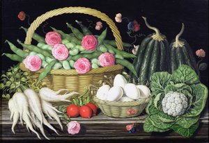 Eggs, broad beans and roses in basket, 1995