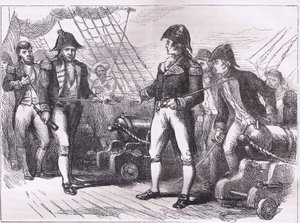 The officers of the Chesapeake offering their swords, illustration from Cassells History of the United States by American English school
