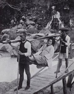 Japanese lady crossing the Daiya River near Nikko