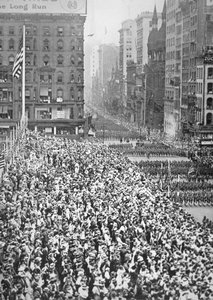 A United States Division parades through New York on the way to training camp prior to service in France