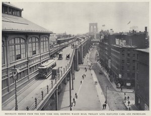 Brooklyn Bridge from the New York Side, showing Wagon Road, Trolley Line, Elevated Cars, and Promenade by American Photographer