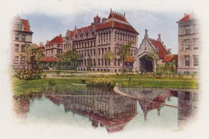 Chicago: Hull Court, from Botany Pond, Anatomy Building and Hull Gate