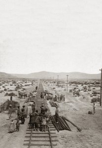 Construction in 1869 of the Central Pacific Railways - Nevada - Workers building the railway lines of the Central Pacific Company to build the first North American transcontinental railway by American Photographer