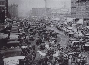 Haymarket Square packed with horse-drawn carriages, Chicago by American Photographer
