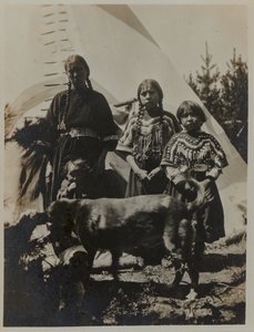 Woman, Two Girls and a Child with Dog, ca. 1900 by American Photographer