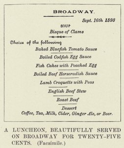 A Luncheon, beautifully served on Broadway for Twenty-Five Cents, Facsimile