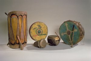 A collection of American Indian drums by American School