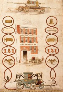 Advertisement for Abraham Vanness, fire engine builder and maker of fire fighting equipment by American School