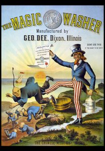 Advertising for a cleaning product depicting Uncle Sam hunting a Chinese by American School