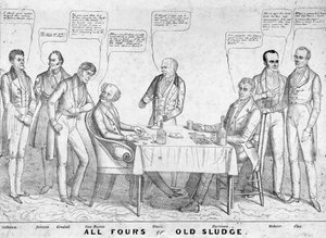 All Fours or Old Sludge, political cartoon depicting president Martin Van Buren playing cards against William Henry Harrison amidst other statesmen and politicians, 1836 by American School