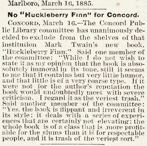 Article in the Boston Daily Globe regarding the banning of Huckleberry Finn in Concord, Massachusetts, 16th March, 1885 by American School