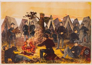 Camp Fire, pub. c1865 colour lithograph