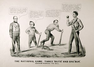 Cartoon showing Abraham Lincoln Winning the Ball against his opponents Douglas, Bell, and Breckenridge in the Presidential Election of 1860 by American School