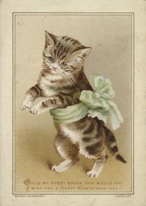 Cat Wearing Green Bow by American School