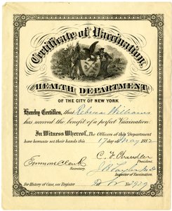 Certificate of Vaccination, the Health Department of the City of New York..., 1882