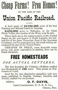 Cheap Farms and Free Homes on the Union Pacific Railroad Line, Advertisement from Appletons Journal, May 4, 1872