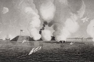 Combat Between the Confederate CSS Virginia and the Union USS Monitor on March 9th 1862 at Hampton Roads, Virginia (detail)