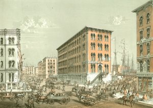 Corner of Clark and South Water Street, from Chicago Illustrated, with Literary Descriptions by James W. Sheahan, Published by Jevne & Almini, Chicago