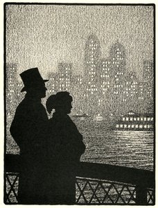 Couple Looking at Manhattan Skyline by American School