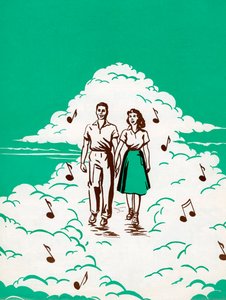 Couple Walking in Clouds Surrounded by Musical Notes