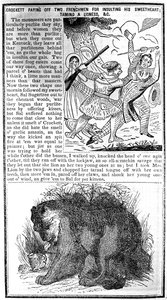 Davy Crockett Paying off Two Frenchmen for Insulting His Sweetheart, Taming a Lioness, etc., illustration from Crocketts Almanack by American School