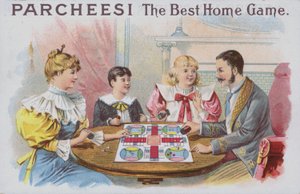 Family playing a game of Parcheesi by American School