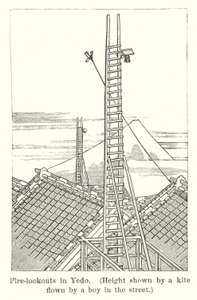 Fire-lookouts in Yedo, Height shown by a kite flown by a boy in the street by American School