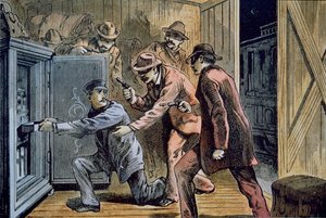 Frank and Jesse James Gang rob the express car of a train in 1879 by American School