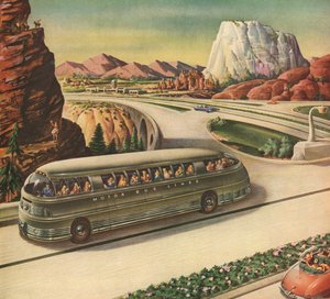 Futuristic Passenger Bus Travelling on a Highway in the American Southwest by American School