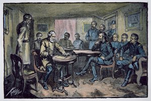 General Robert E. Lee surrenders to General Ulysses S. Grant at Appomattox Courthouse, 9th April 1865 by American School