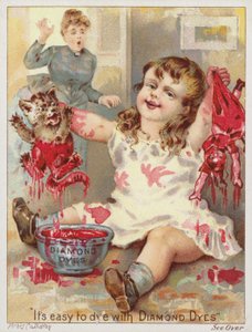 Girl Dipping Cat and Doll into Red Dye by American School