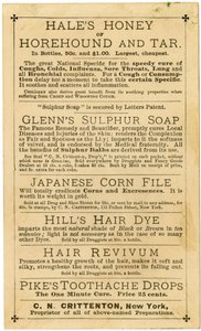 Hills Hair & Whisker Dye, Best Ever Invented, C.N. Crittenton, Proprietor, New York, Trade card, verso