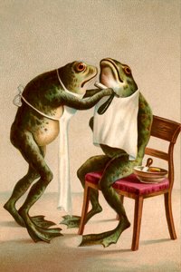 Humorous Illustration of a Frog Getting a Shave by American School