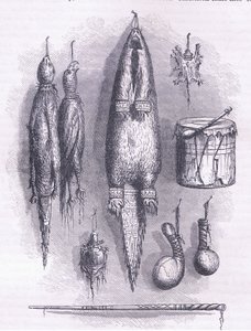 Indian medicine bag, mystery whistle, battles and drum 1661, illustration from Cassell