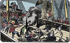 The death of the pirate gentleman Jean Lafitte, engraving of The pirate own book 1837. by American School