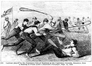 Lacrosse played by the Dominion Club of Montreal at the Capitoline Grounds, Brooklyn, from a drawing in Frank Leslie