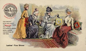 Ladies Sitting on Sofa Admiring Boots by American School