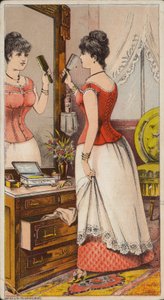 Lady Looking in Mirror Wearing Under Garments by American School