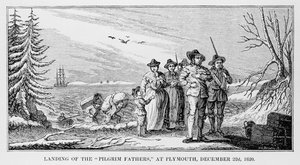 Landing of the Pilgrim Fathers at Plymouth on Cape Cod, Massachusetts, December 22nd 1620, printed in History and Antiquity of New England, New York, 1842