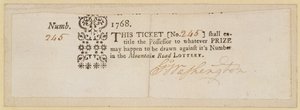Mountain Road Lottery Ticket, signed by George Washington, 1768 by American School