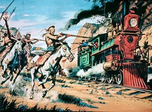 Native American warriors attack the invading the iron horse by American School