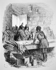 Native American warriors trading for guns by American School