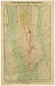 New map of New York City from the latest surveys showing all the ferries and steamship docks, elevated, subways electric and cross town car lines by American School