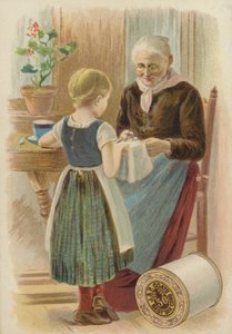 Old Woman Cutting Fabric by American School