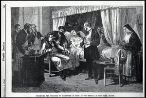 Performing the Operation of the Transfusion of Blood at the Hospital of Pity, Paris, France, illustration from the American Scientist by American School