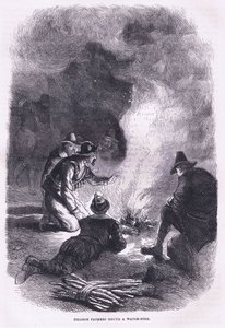 Pilgrim Fathers around a watch fire, illustration from Cassell