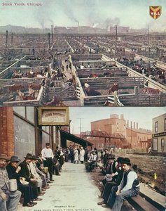 Postcard Depicting the Stock Yards & Abattoirs of Chicago and Workers with Lunch Pails on Their Break in Whiskey Row, c.1910
